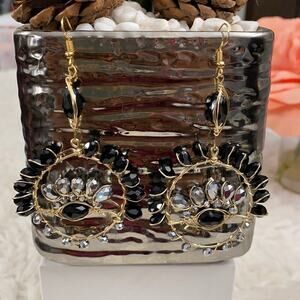 ARTISANAL 14k Gold plated 4" Onyx Chandelier Shape Crystal Handmade Wire Earring